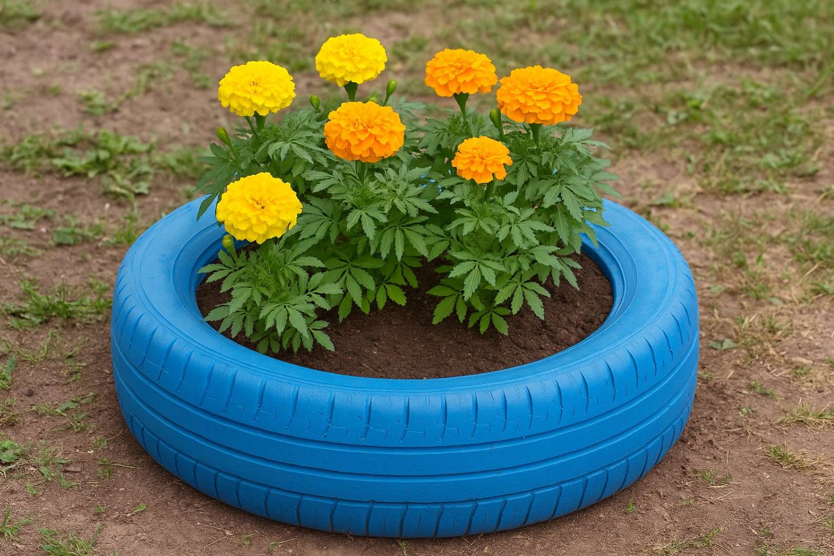 Marigolds in Tire Flower Beds